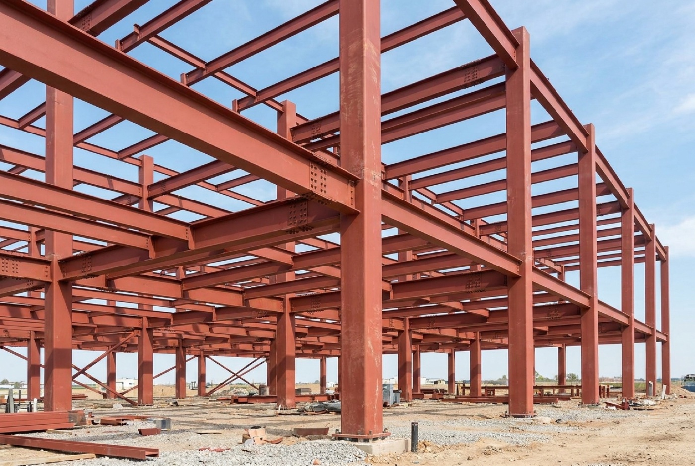 Red oxide-primed structural steel building frame of wide-flange beams and columns